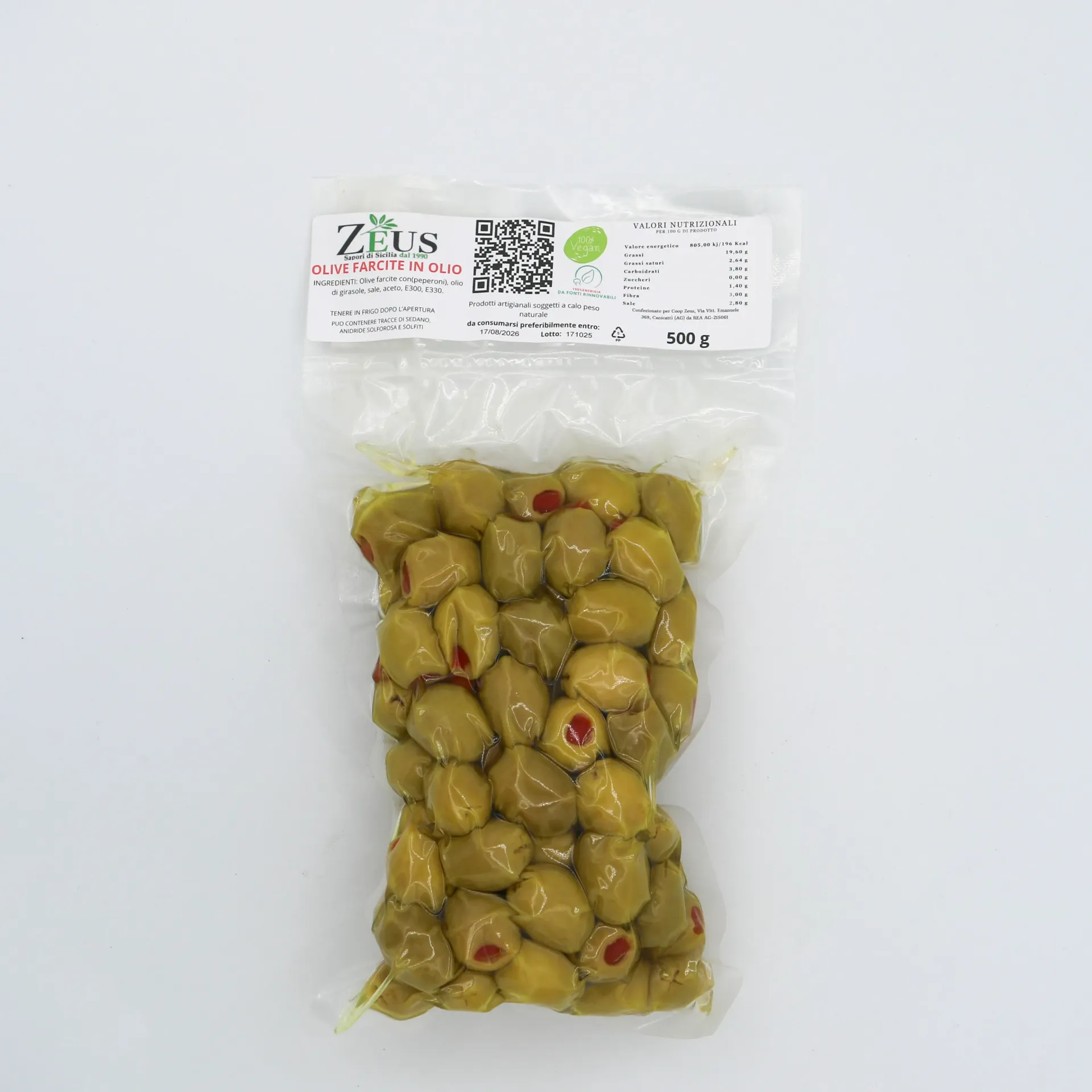 [CONS-OLV-FAR-500G] Olive Farcite in Olio Siciliane Zeus – Conserva Artigianale 500 gr