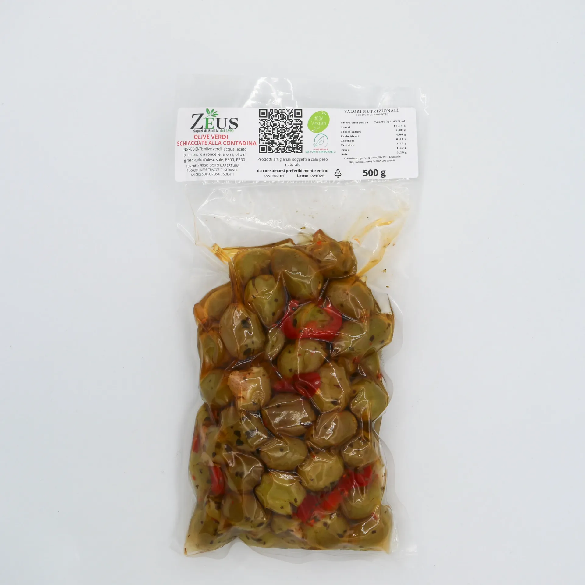 [CONS-OLV-SCH-500G] Olive Verdi schiacciate alla Contadina Siciliani Zeus – Conserva Artigianale 500 gr
