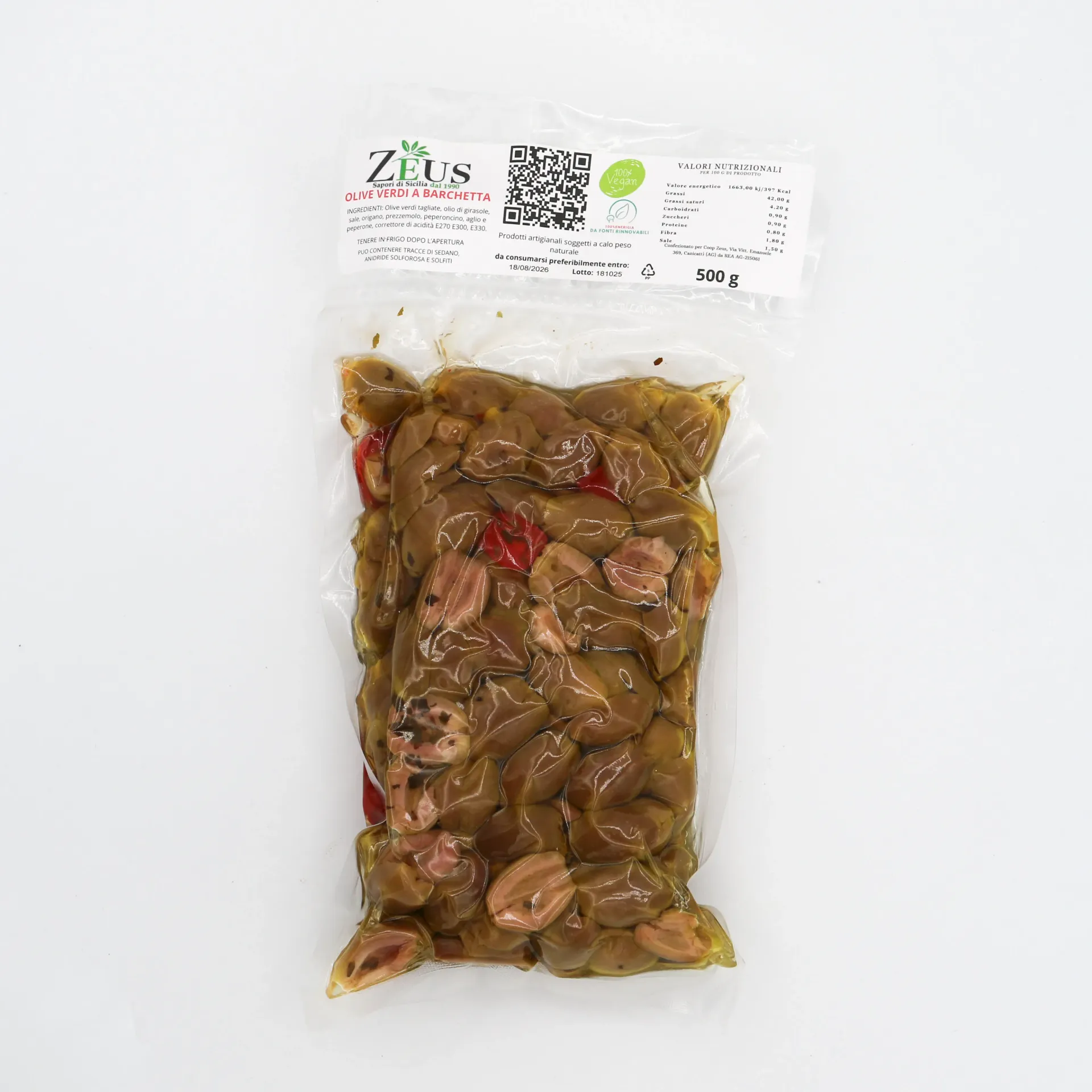 [CONS-OLV-BAR-500G] Olive Verdi a Barchetta Siciliane Zeus – Conserva Artigianale 500 gr