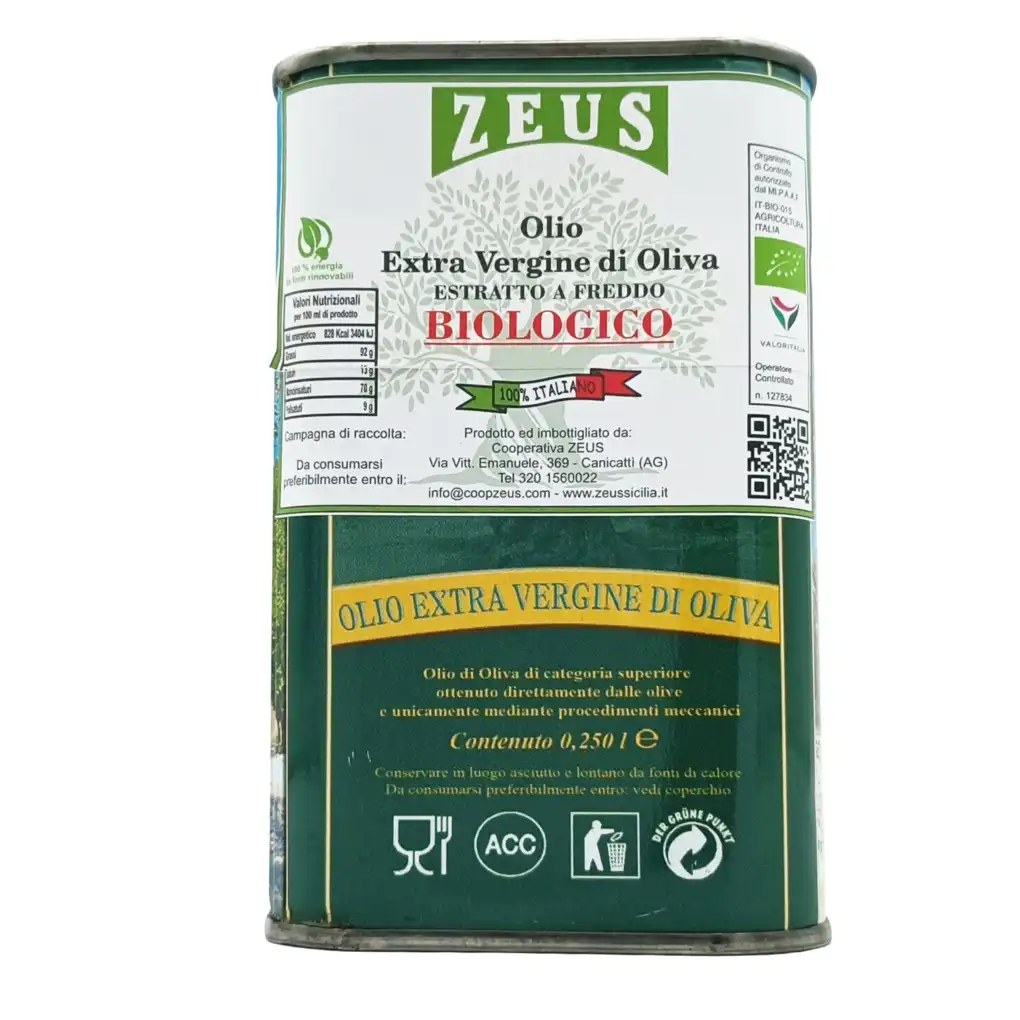 Olio Extravergine di Oliva BIOLOGICO Siciliano Zeus Sicilia - Campione 250ml